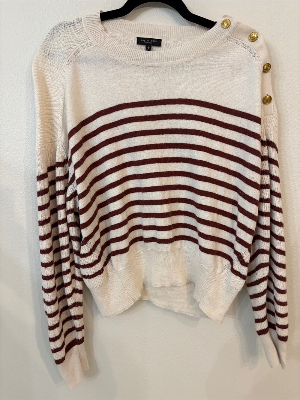 Rag & Bone Cream and Burgundy Striped Button-Shoulder Sweater